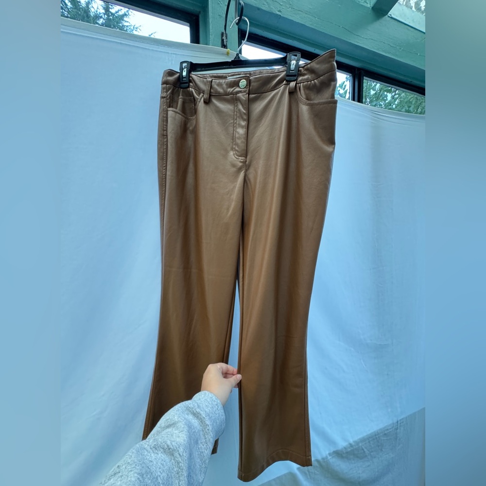 Brown Faux Leather Straight Leg Women's Pants
